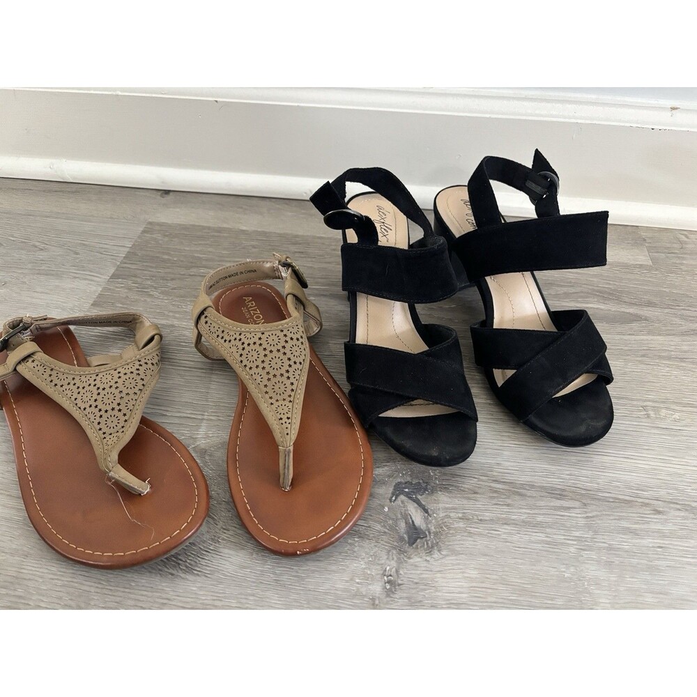 Lot of 2 Womens Sandals Size 6.5M - Dexflex Black Heel & Arizona Tan Flat Used